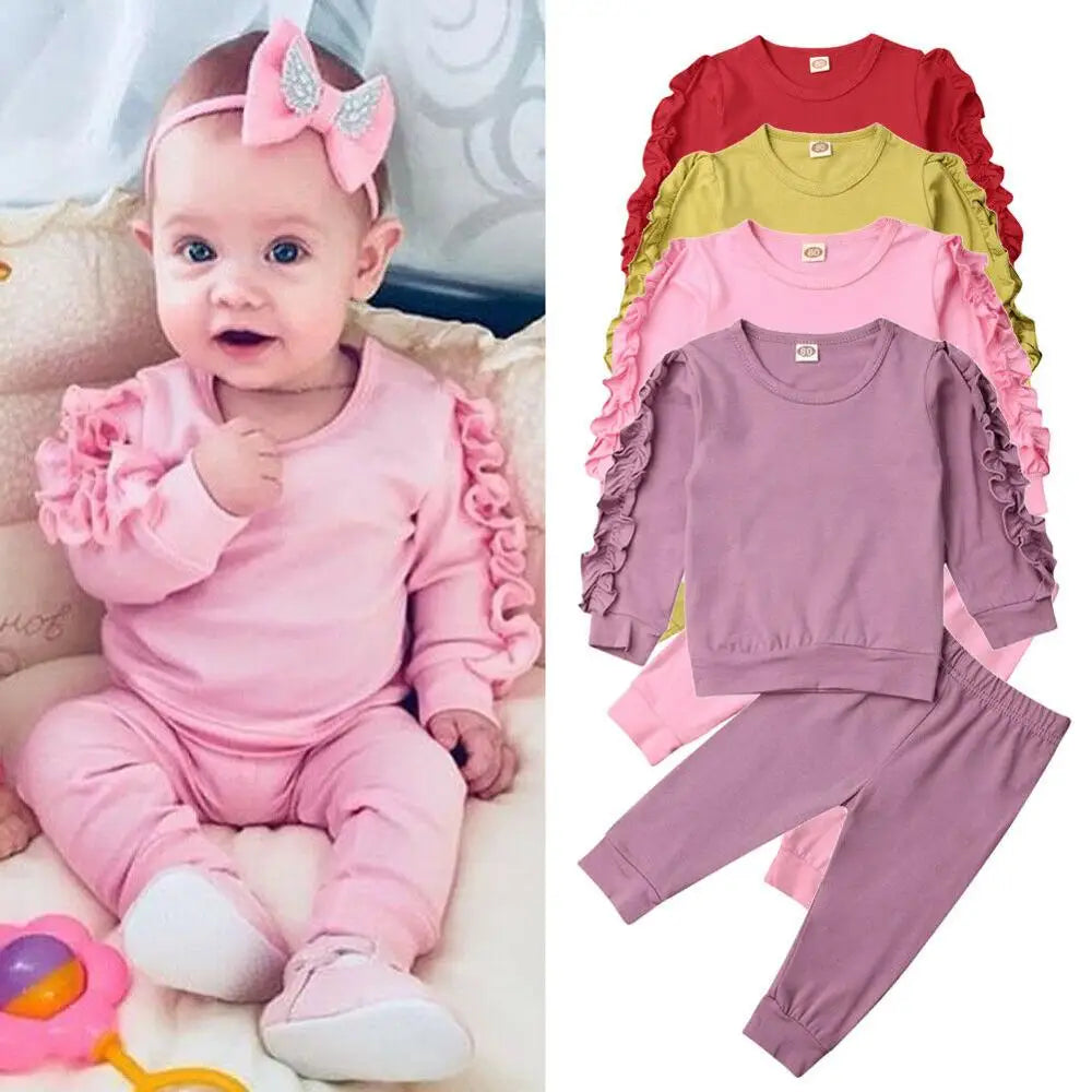 Newborn Autumn Winter Clothing Baby Girls Sleep Clothes Set Ruffle Long Sleeve Sweatshirt T Shirt Pants 2Pcs Outfits Sleepers