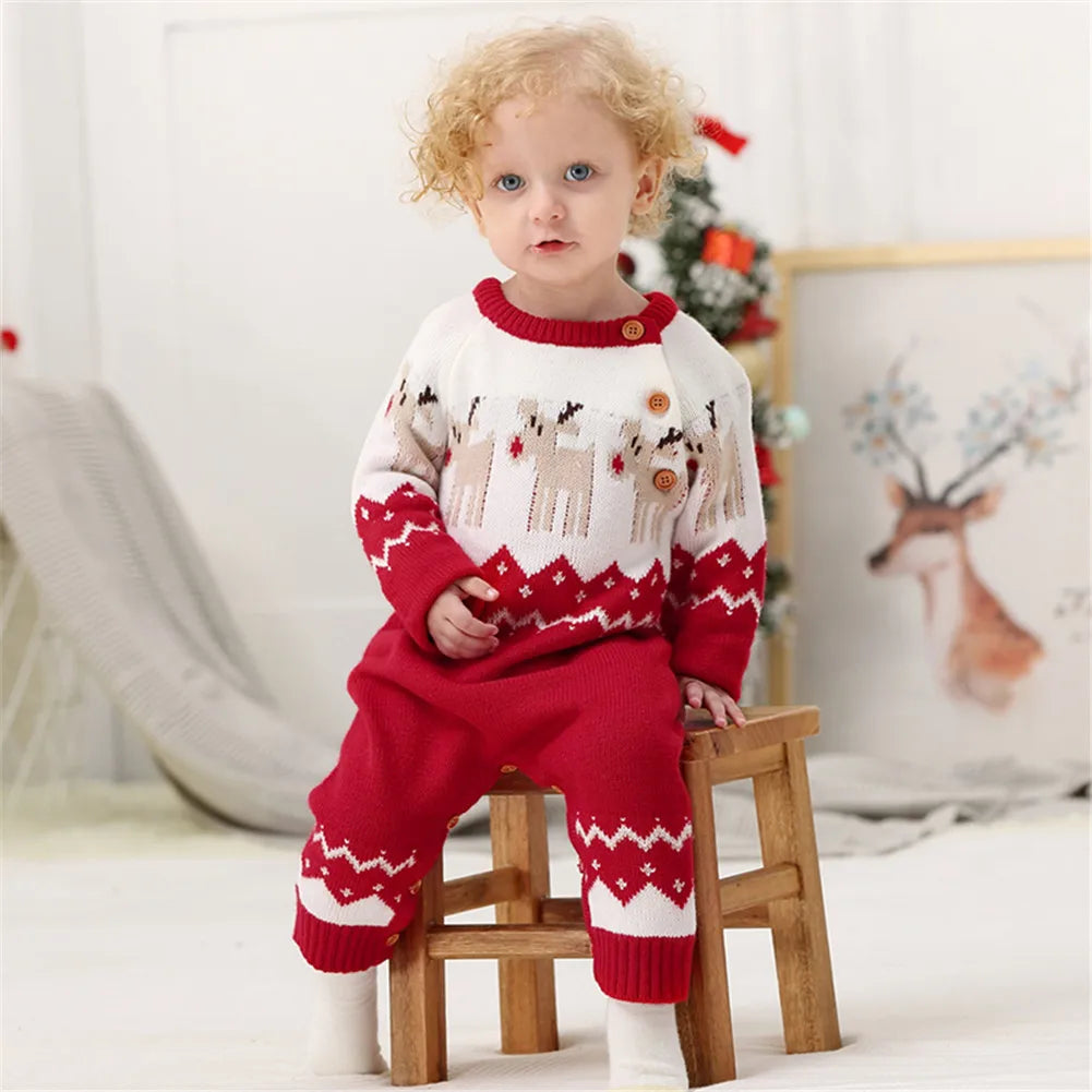 2020 Baby Boys Girls Sweater Christmas Clothes Romper Reindeer Long Sleeve Elk Printed Jumpsuit New Year's Costume 3-18 M