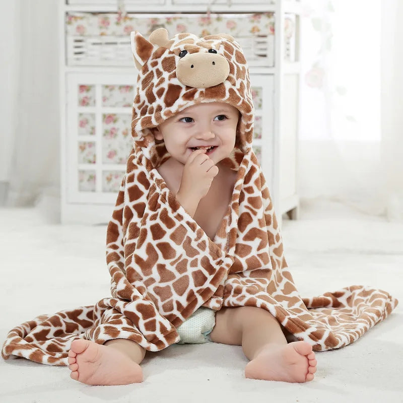 100cm Cute Bear Shaped Baby Hooded Bathrobe Soft Infant Newborn Baby Bath Towel Giraffe Blanket Cartoon Patter Towels