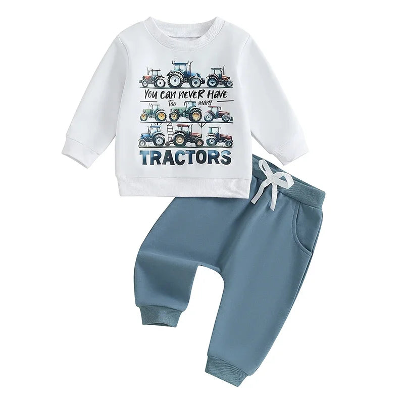 Lioraitiin Toddler Baby Boy Track Suit Tractor Letter Print Long Sleeve Sweatshirt and Elastic Pants Clothes Outfits