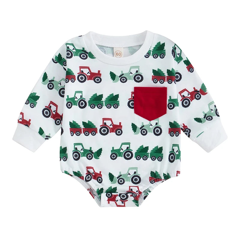 2024-06-01 Lioraitiin Baby Boy Girl Sweatshirt Romper Casual Christmas Tractor Print Long Sleeve Jumpsuit for Infant Fall Outfit