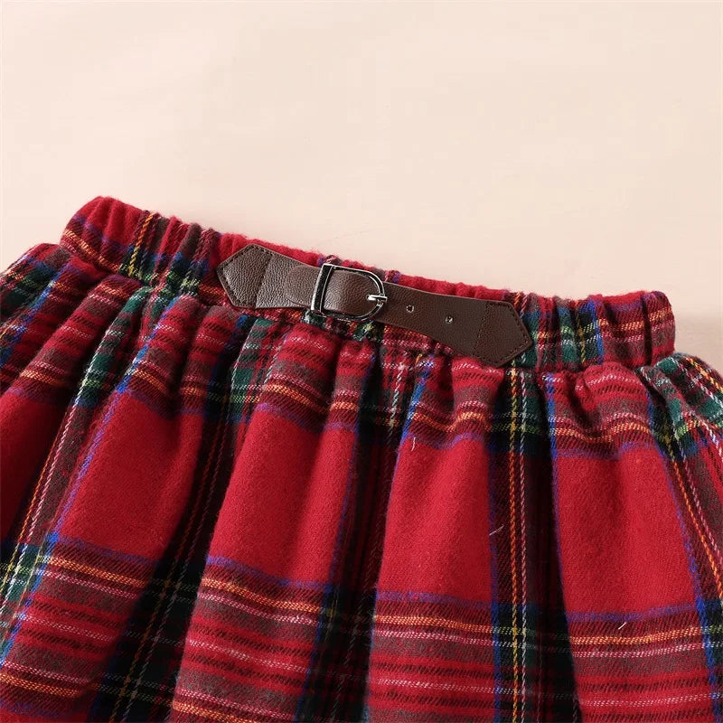 Little Girl Christmas Outfit Solid Ribbed Mock Neck Long Sleeve Tops Plaid Elastic Waist A-Line Skirt 2 Pcs Set