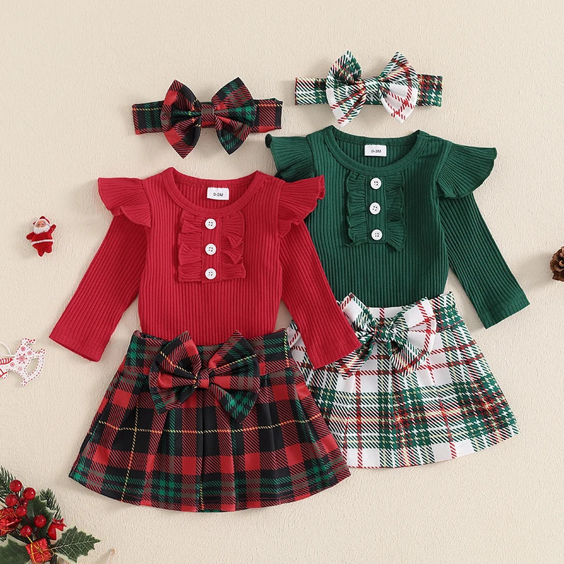 2024-07-15 Lioraitiin 0-18M Baby Girls Christmas Outfits Long Sleeve Ribbed Romper + Plaid Skirt + Headband Set Newborn Clothes