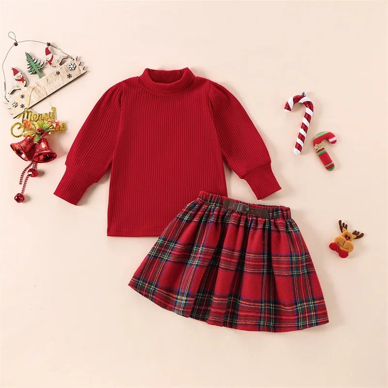 Little Girl Christmas Outfit Solid Ribbed Mock Neck Long Sleeve Tops Plaid Elastic Waist A-Line Skirt 2 Pcs Set