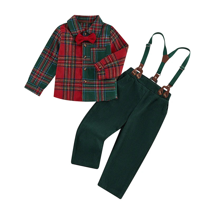 2024-07-26 Lioraitiin 1-7Y Kids Boy Gentleman Outfit Christmas Plaid Print Button Long Sleeve Shirt and Suspender Pants Set