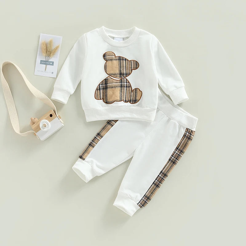 2022-09-27 Lioraitiin 0-24M Newborn Baby 2Pcs Fall Outfits Long Sleeve Plaid Bear Pattern Pullover Tops and Pants Set