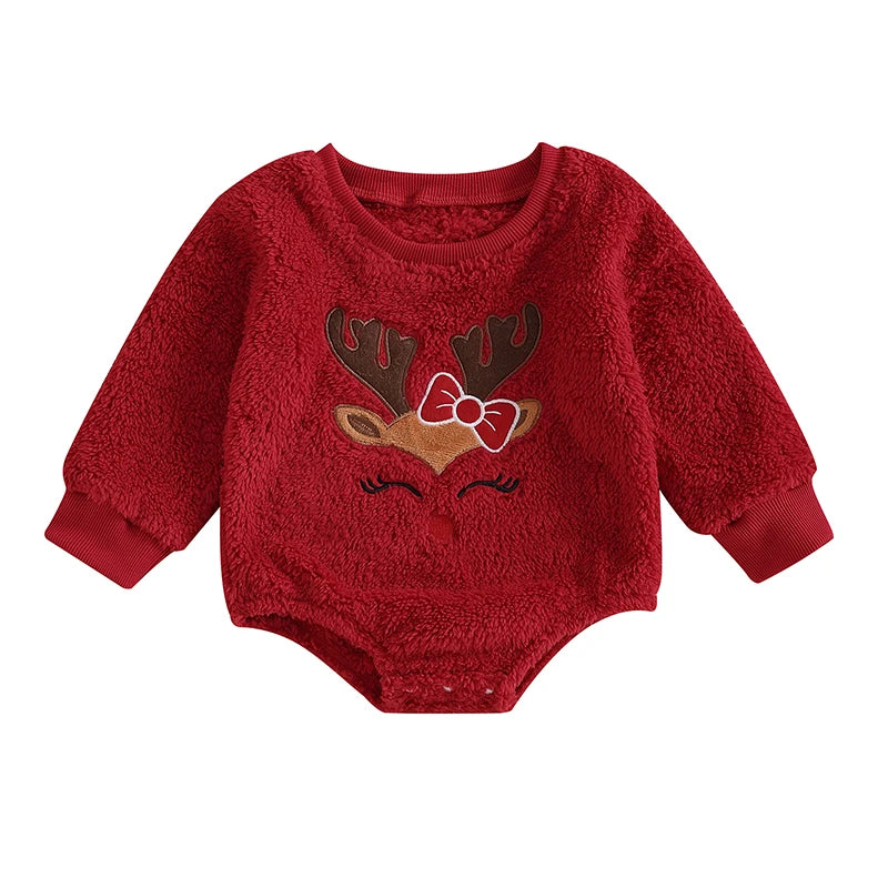 2024-06-04 Lioraitiin Baby Girl Christmas Fleece Jumpsuit Elk Embroidered Round Neck Long Sleeve Romper Able Bodysuits