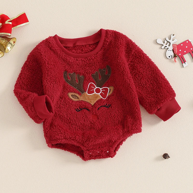 2024-06-04 Lioraitiin Baby Girl Christmas Fleece Jumpsuit Elk Embroidered Round Neck Long Sleeve Romper Able Bodysuits