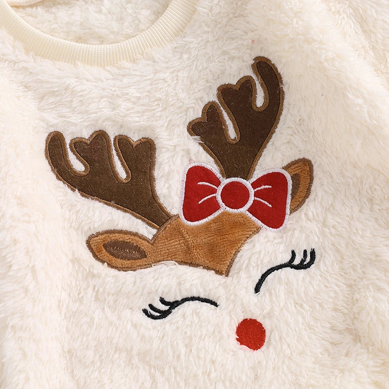 2024-06-04 Lioraitiin Baby Girl Christmas Fleece Jumpsuit Elk Embroidered Round Neck Long Sleeve Romper Able Bodysuits