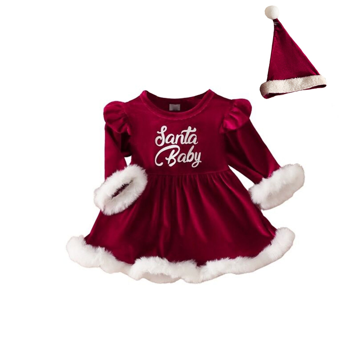 0-24M Christmas Newborn Infant Baby Girls Red Rompers Dress Velvet Ruffle Plush Jumpsuit+Hat Party Xmas Santa Costumes Outfits