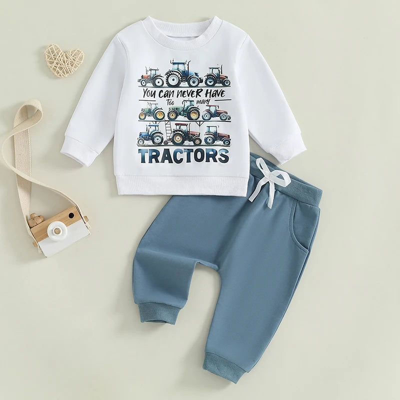 Lioraitiin Toddler Baby Boy Track Suit Tractor Letter Print Long Sleeve Sweatshirt and Elastic Pants Clothes Outfits