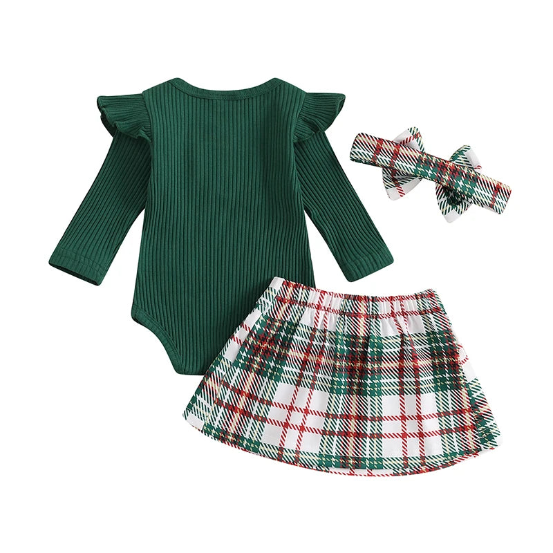 2024-07-15 Lioraitiin 0-18M Baby Girls Christmas Outfits Long Sleeve Ribbed Romper + Plaid Skirt + Headband Set Newborn Clothes