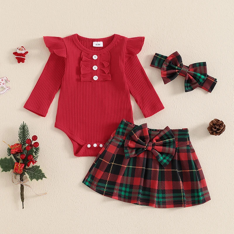 2024-07-15 Lioraitiin 0-18M Baby Girls Christmas Outfits Long Sleeve Ribbed Romper + Plaid Skirt + Headband Set Newborn Clothes