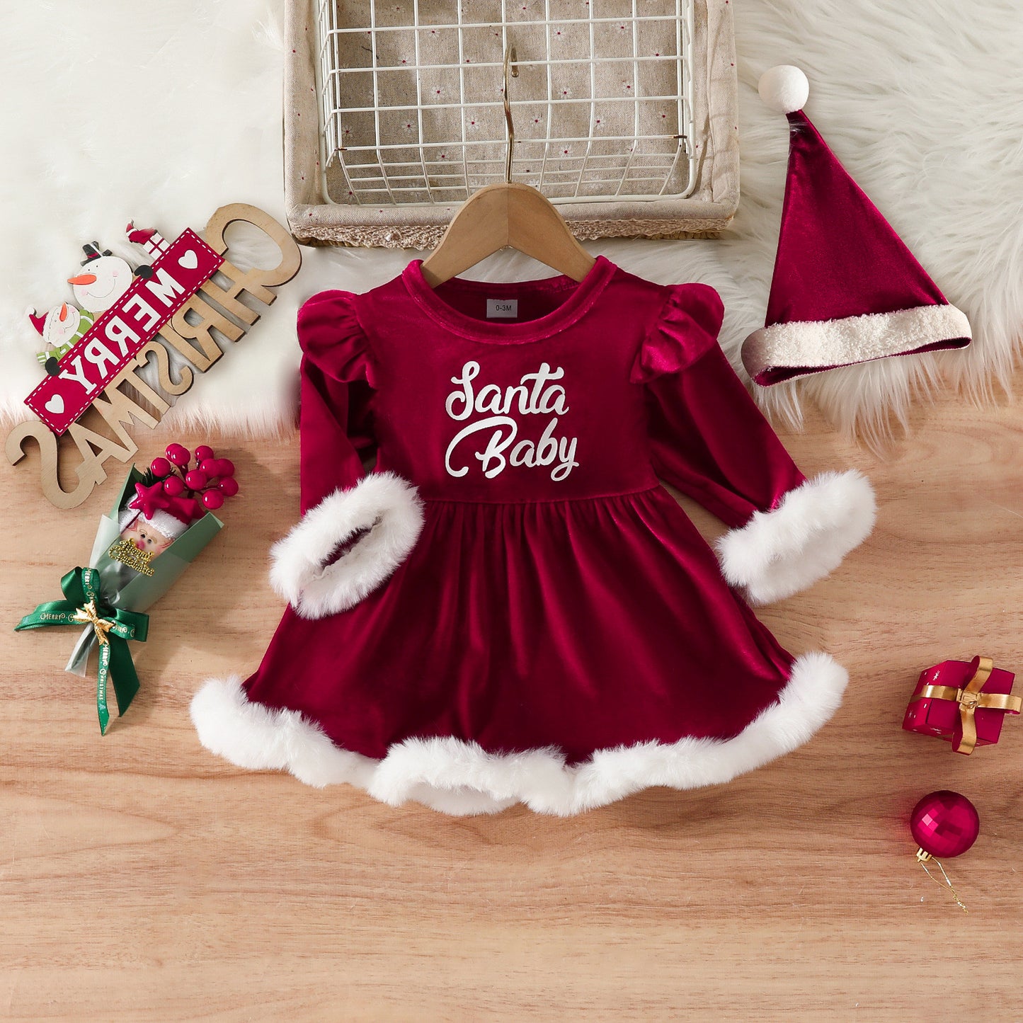 0-24M Christmas Newborn Infant Baby Girls Red Rompers Dress Velvet Ruffle Plush Jumpsuit+Hat Party Xmas Santa Costumes Outfits