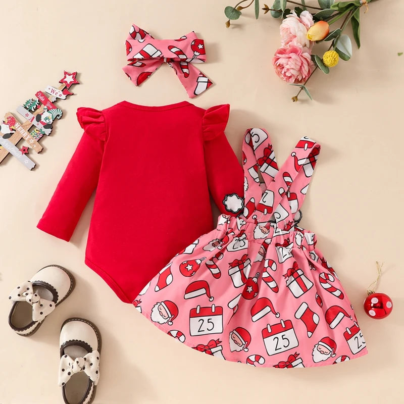 2024-06-06 Lioraitiin Baby Girls Christmas Outfit, Long Sleeve Romper with Santa Claus Suspender Dress and Headband