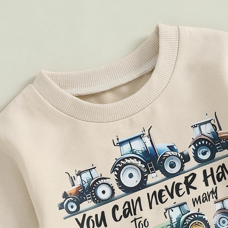 Lioraitiin Toddler Baby Boy Track Suit Tractor Letter Print Long Sleeve Sweatshirt and Elastic Pants Clothes Outfits