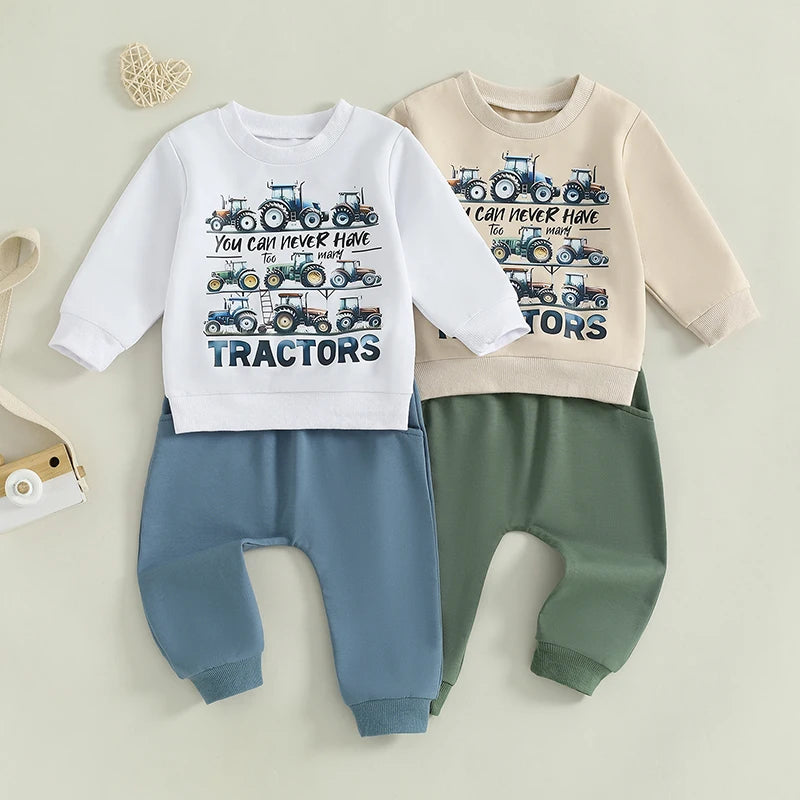 Lioraitiin Toddler Baby Boy Track Suit Tractor Letter Print Long Sleeve Sweatshirt and Elastic Pants Clothes Outfits