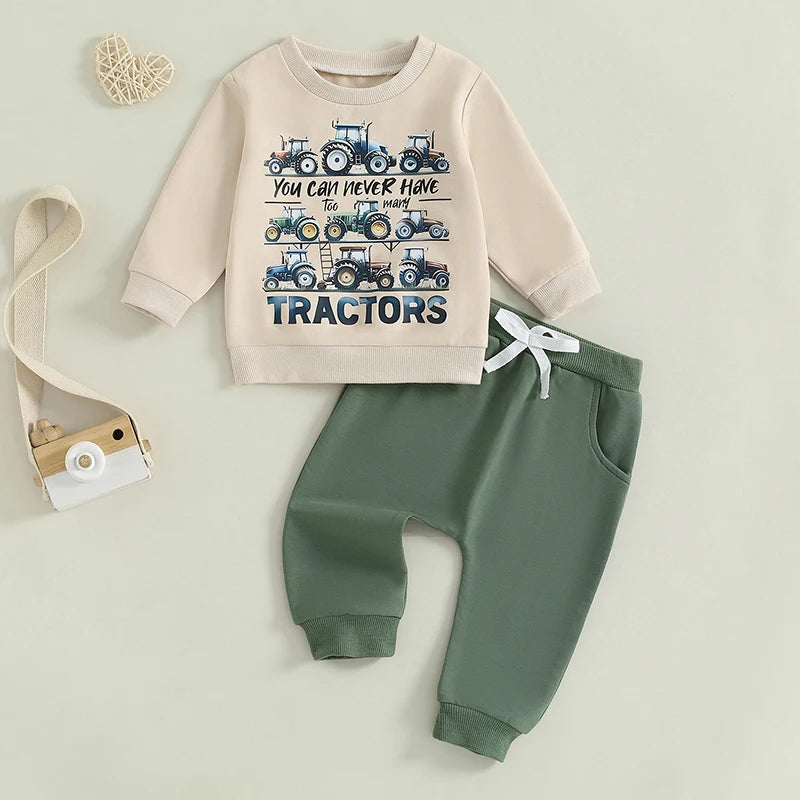 Lioraitiin Toddler Baby Boy Track Suit Tractor Letter Print Long Sleeve Sweatshirt and Elastic Pants Clothes Outfits