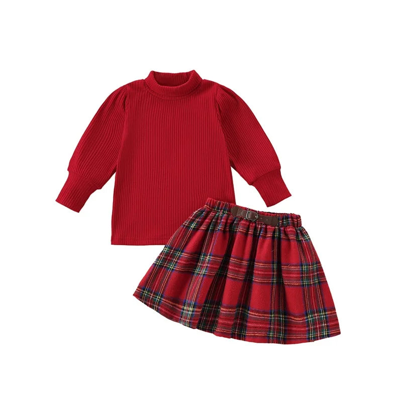 Little Girl Christmas Outfit Solid Ribbed Mock Neck Long Sleeve Tops Plaid Elastic Waist A-Line Skirt 2 Pcs Set