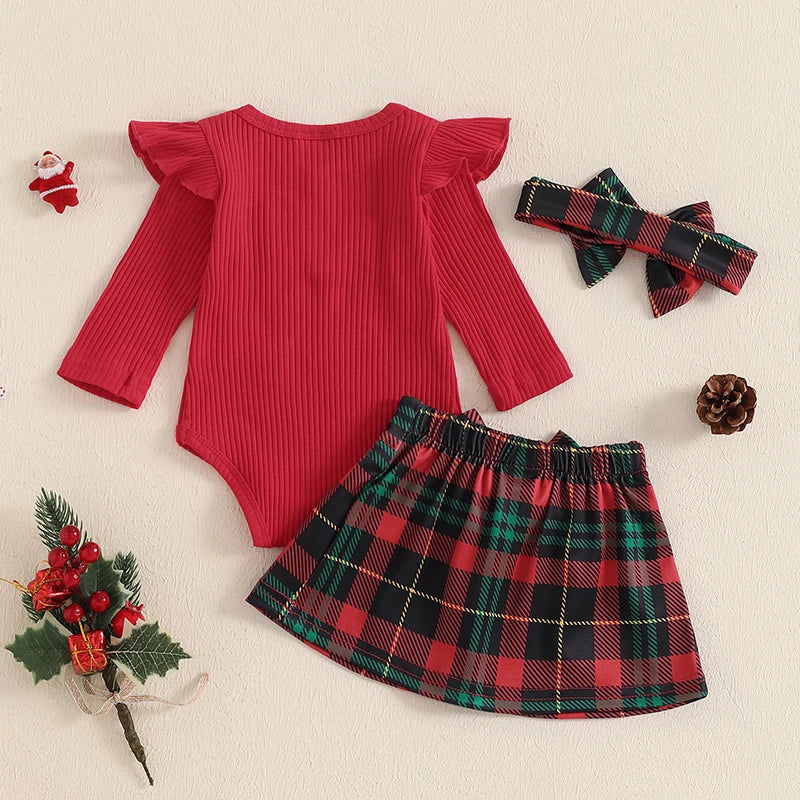 2024-07-15 Lioraitiin 0-18M Baby Girls Christmas Outfits Long Sleeve Ribbed Romper + Plaid Skirt + Headband Set Newborn Clothes