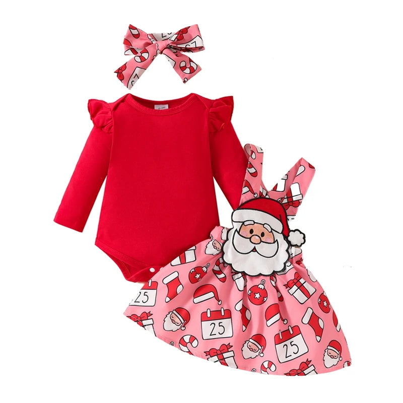 2024-06-06 Lioraitiin Baby Girls Christmas Outfit, Long Sleeve Romper with Santa Claus Suspender Dress and Headband