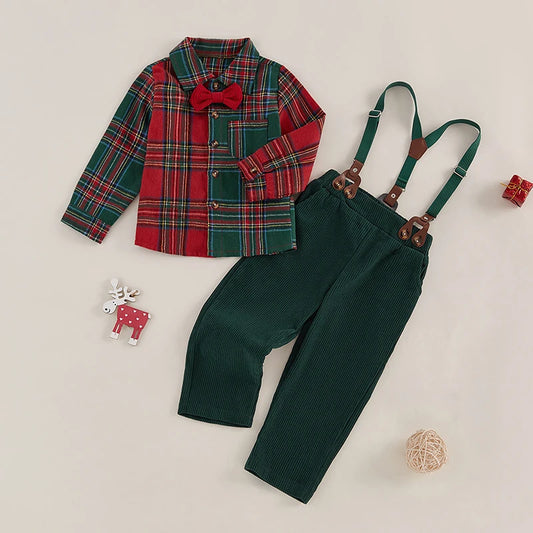 2024-07-26 Lioraitiin 1-7Y Kids Boy Gentleman Outfit Christmas Plaid Print Button Long Sleeve Shirt and Suspender Pants Set