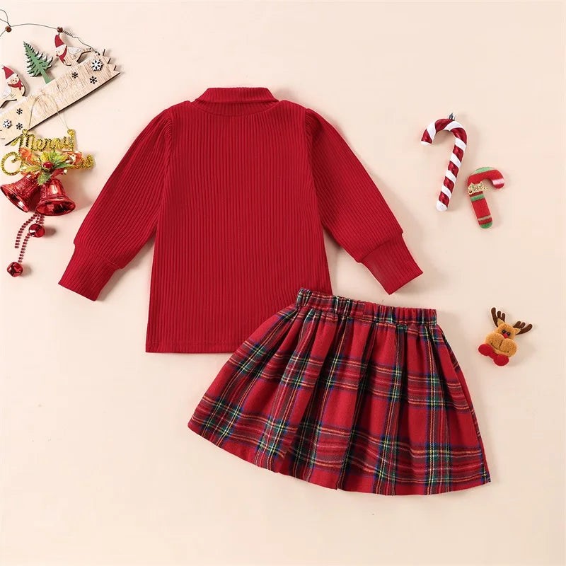 Little Girl Christmas Outfit Solid Ribbed Mock Neck Long Sleeve Tops Plaid Elastic Waist A-Line Skirt 2 Pcs Set