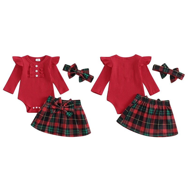 2024-07-15 Lioraitiin 0-18M Baby Girls Christmas Outfits Long Sleeve Ribbed Romper + Plaid Skirt + Headband Set Newborn Clothes