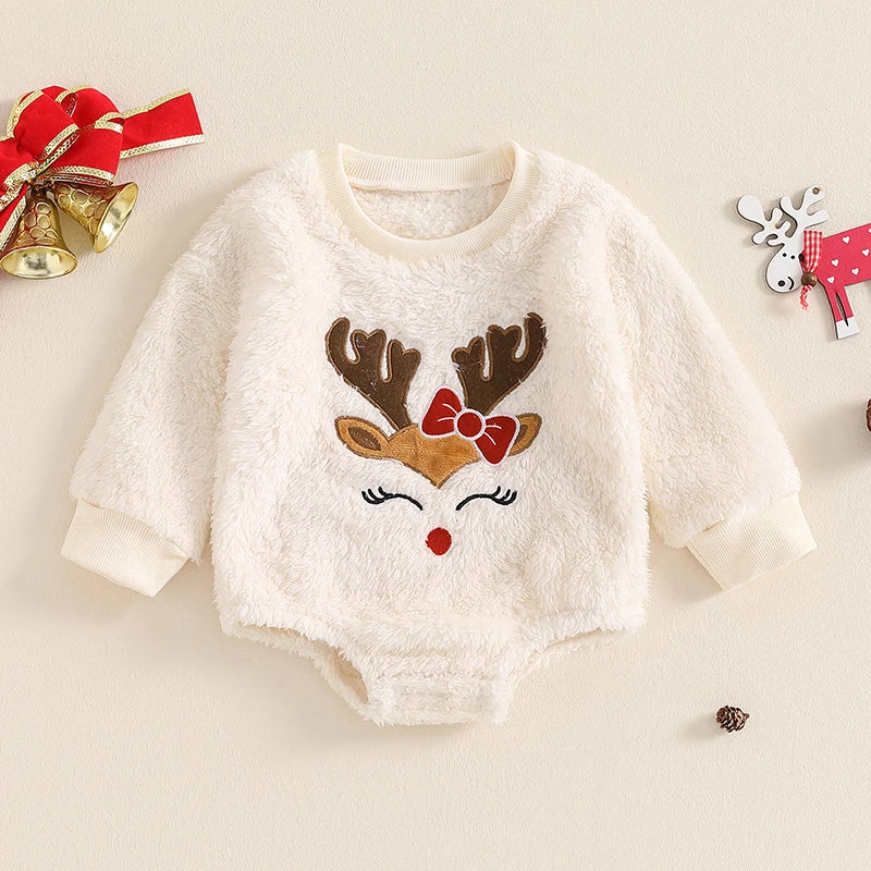 2024-06-04 Lioraitiin Baby Girl Christmas Fleece Jumpsuit Elk Embroidered Round Neck Long Sleeve Romper Able Bodysuits