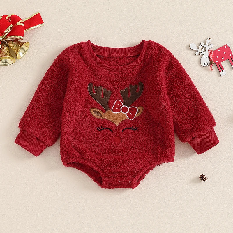 2024-06-04 Lioraitiin Baby Girl Christmas Fleece Jumpsuit Elk Embroidered Round Neck Long Sleeve Romper Able Bodysuits