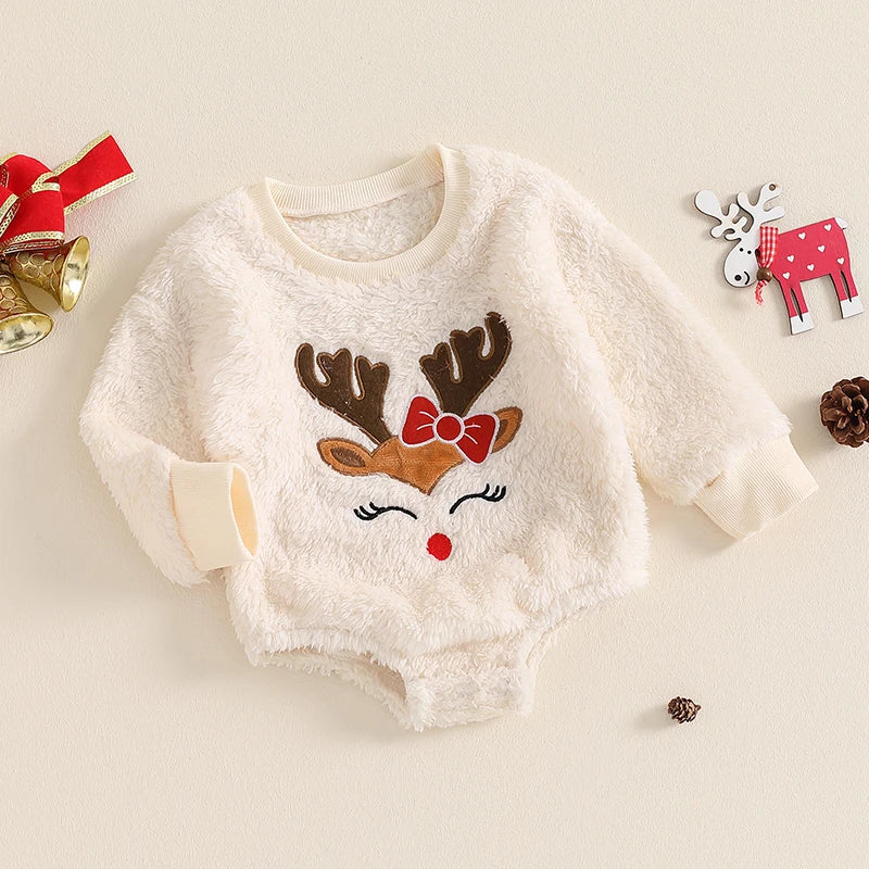 2024-06-04 Lioraitiin Baby Girl Christmas Fleece Jumpsuit Elk Embroidered Round Neck Long Sleeve Romper Able Bodysuits