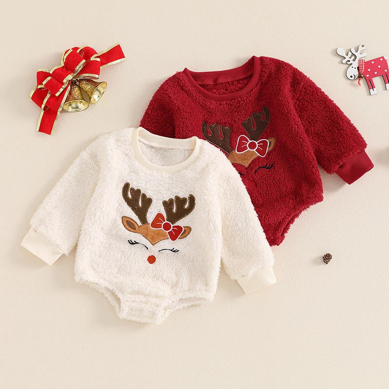 2024-06-04 Lioraitiin Baby Girl Christmas Fleece Jumpsuit Elk Embroidered Round Neck Long Sleeve Romper Able Bodysuits