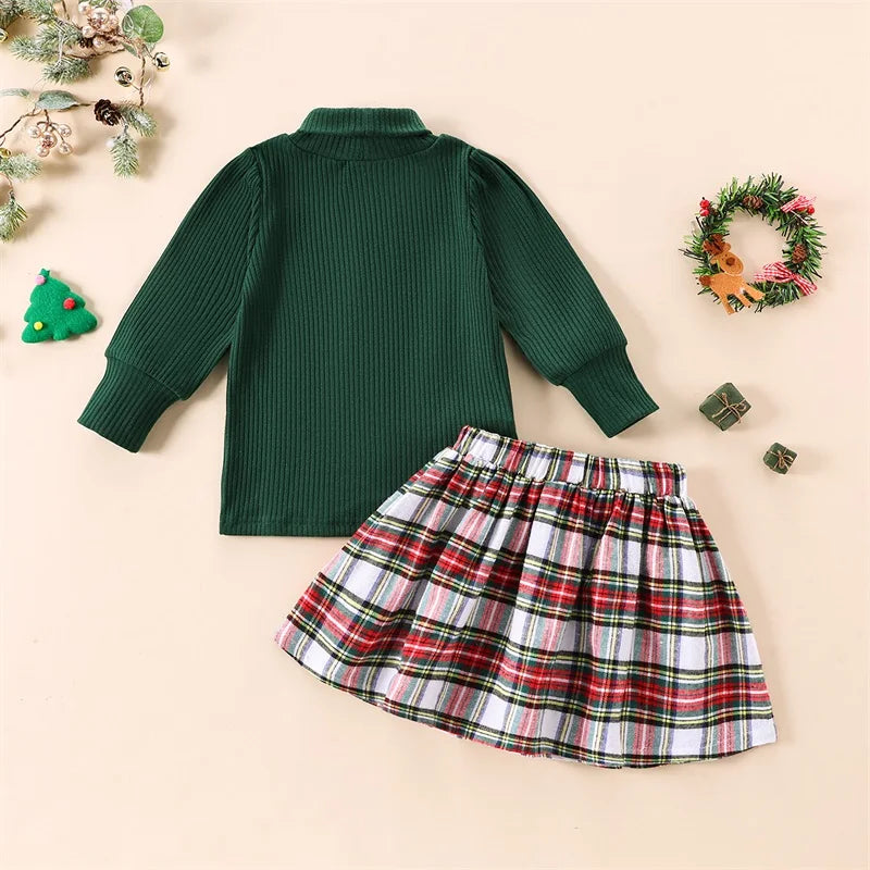 Little Girl Christmas Outfit Solid Ribbed Mock Neck Long Sleeve Tops Plaid Elastic Waist A-Line Skirt 2 Pcs Set