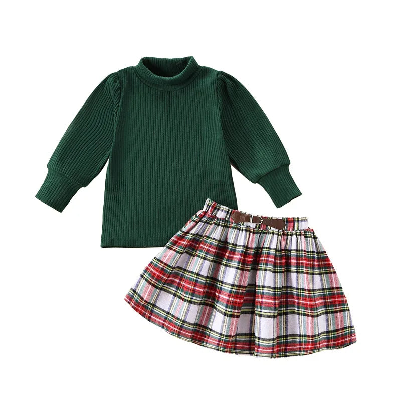 Little Girl Christmas Outfit Solid Ribbed Mock Neck Long Sleeve Tops Plaid Elastic Waist A-Line Skirt 2 Pcs Set