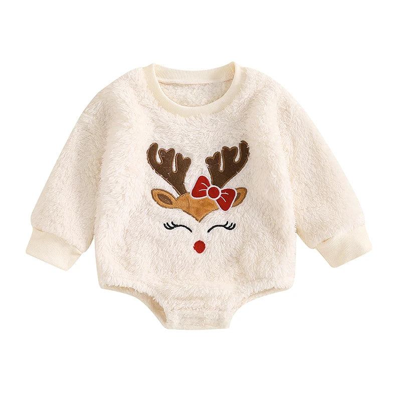 2024-06-04 Lioraitiin Baby Girl Christmas Fleece Jumpsuit Elk Embroidered Round Neck Long Sleeve Romper Able Bodysuits