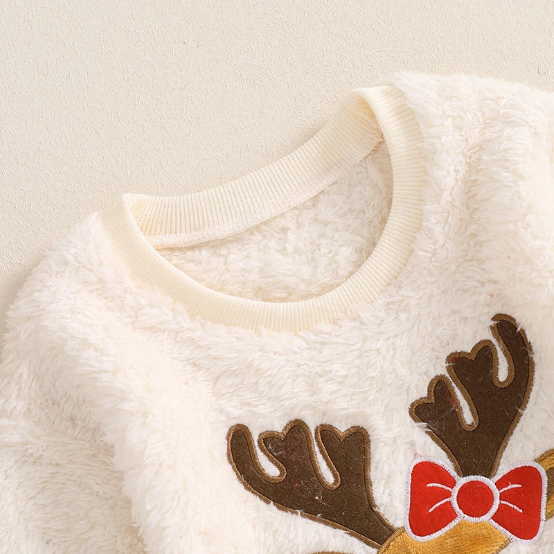 2024-06-04 Lioraitiin Baby Girl Christmas Fleece Jumpsuit Elk Embroidered Round Neck Long Sleeve Romper Able Bodysuits