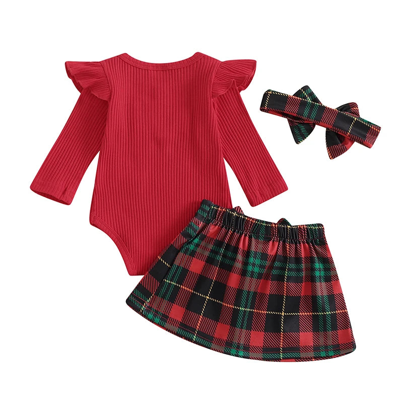 2024-07-15 Lioraitiin 0-18M Baby Girls Christmas Outfits Long Sleeve Ribbed Romper + Plaid Skirt + Headband Set Newborn Clothes