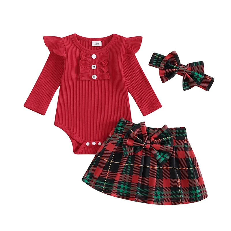 2024-07-15 Lioraitiin 0-18M Baby Girls Christmas Outfits Long Sleeve Ribbed Romper + Plaid Skirt + Headband Set Newborn Clothes